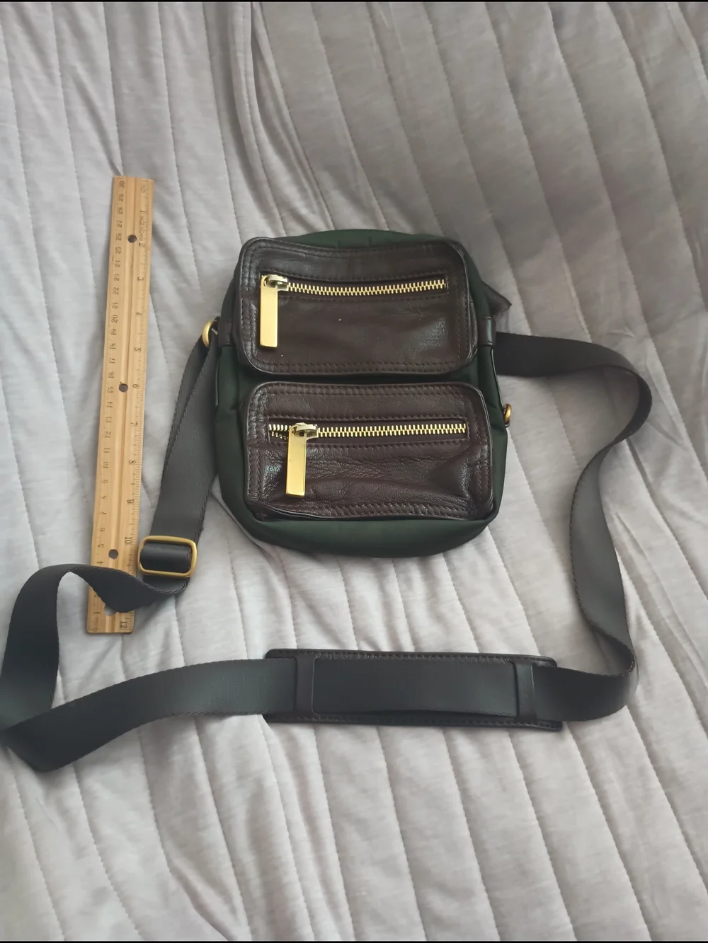 Michael Kors Brown Leather And Green Fabric  Crossbody Bag - Gold Hardware